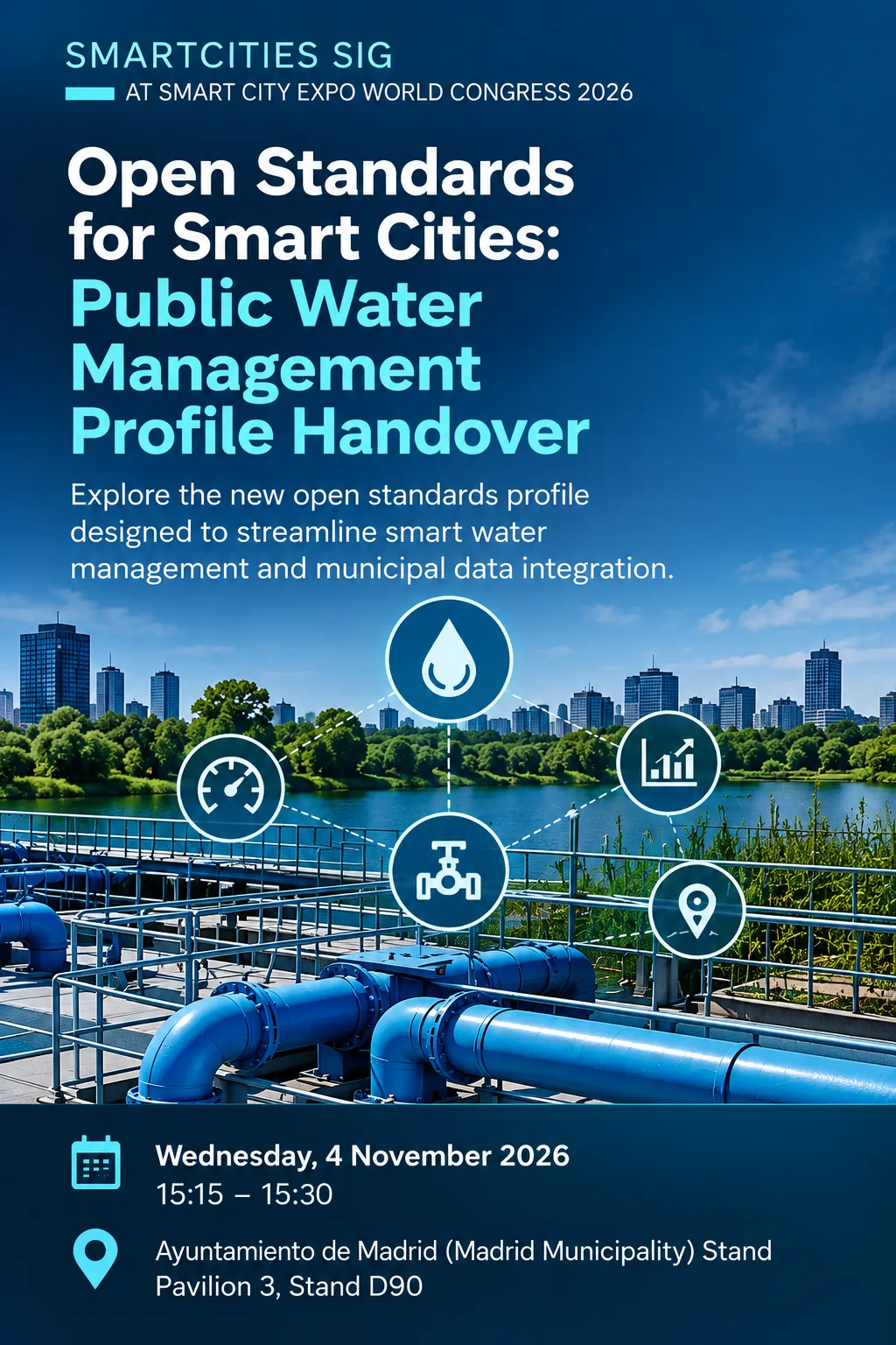 Event poster: Open Standards for Smart Cities: Public Water Management Profile Handover. Wednesday, 4 November 2026, 15:15 – 15:30. Ayuntamiento de Madrid (Madrid Municipality) Stand, Pavilion 3, Stand D90.